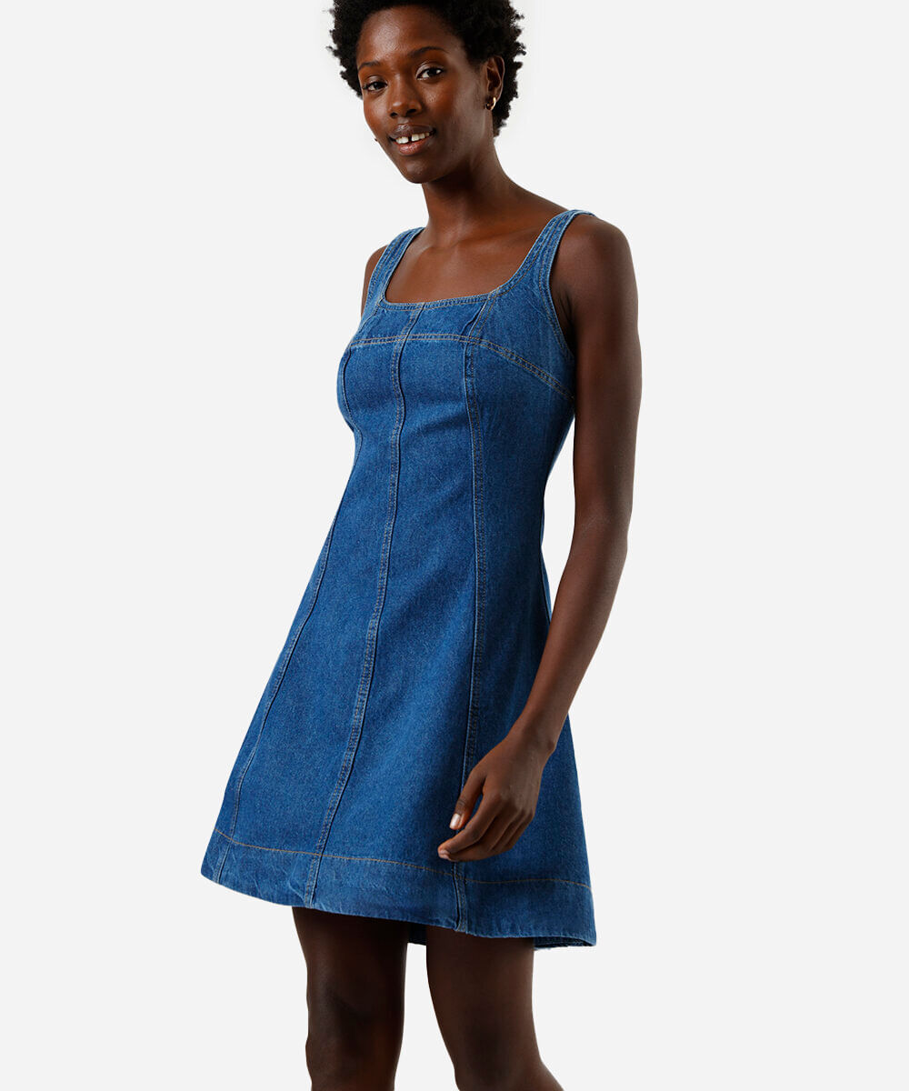 vestido curto feminino jeans com recortes azul