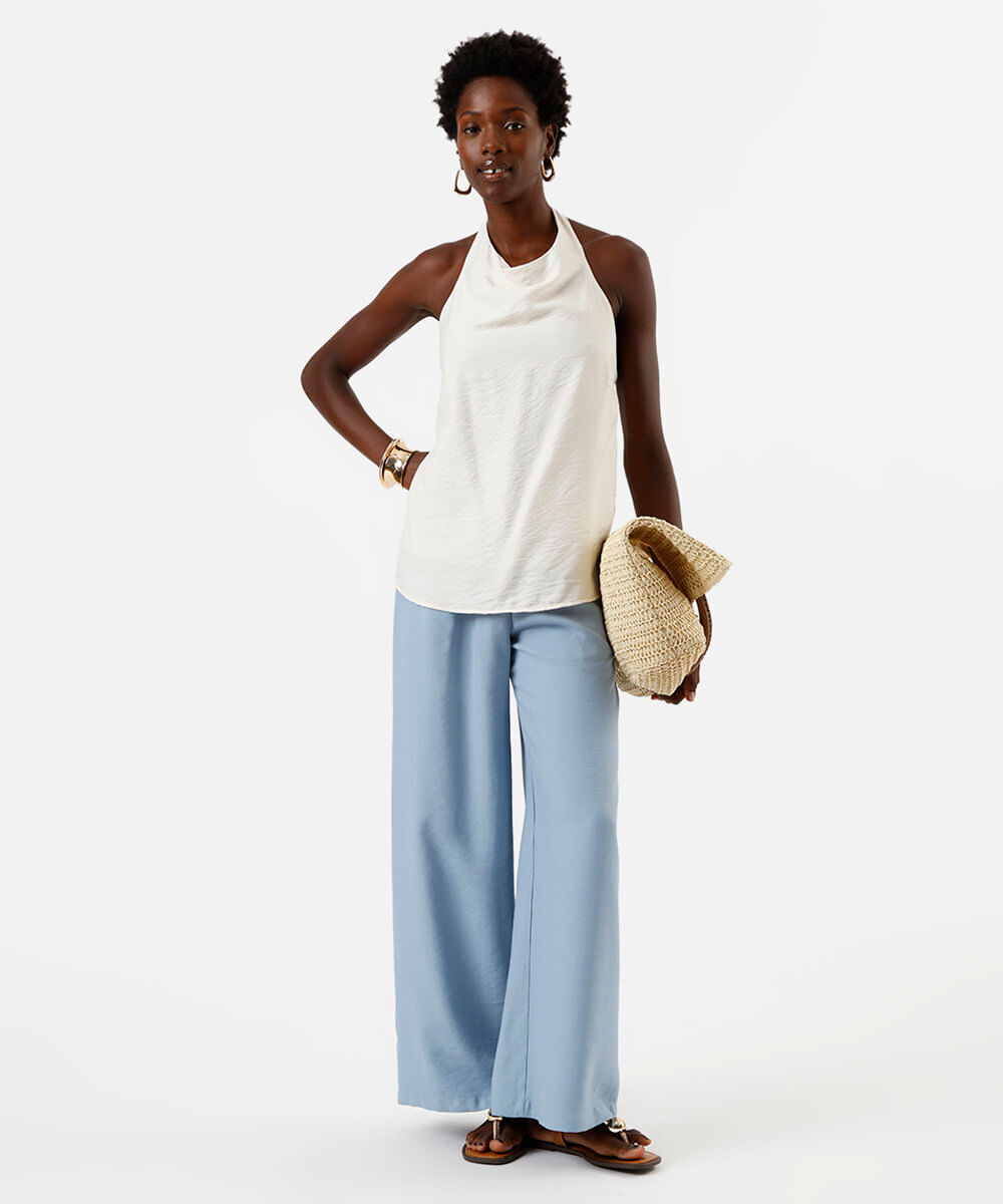 calça wide leg feminina de viscose texturizada azul