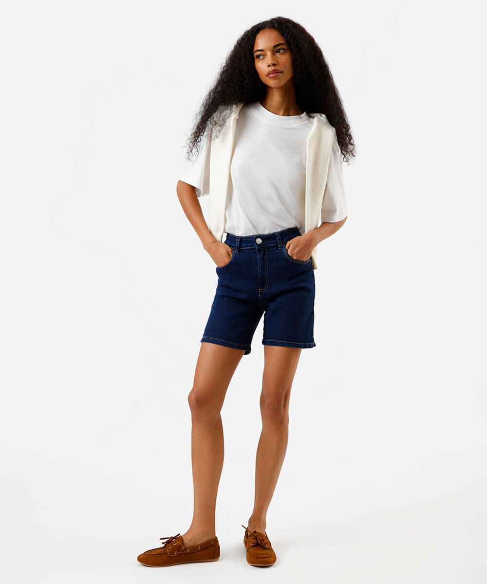 bermuda feminina jeans stretch cintura alta com fenda azul