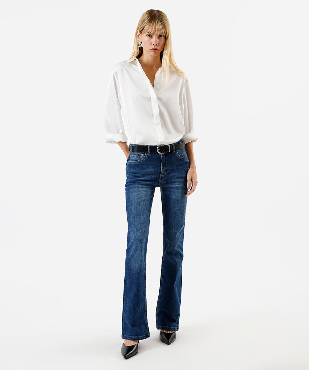 calça jeans bootcut cintura média azul