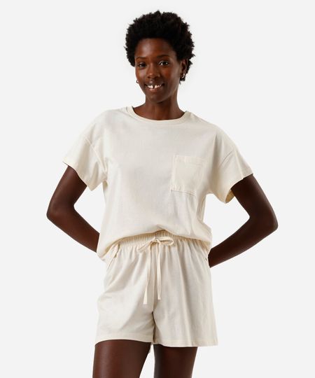 Pijama feminino short doll manga curta em algodão com bolso bege PP Pijama feminino short doll manga curta em algodão com bolso bege PP