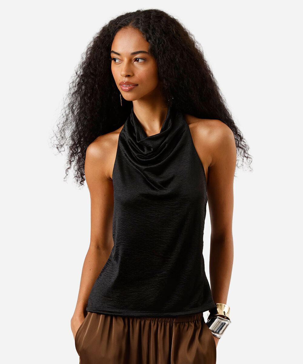 blusa feminina frente única degagê acetinada preta