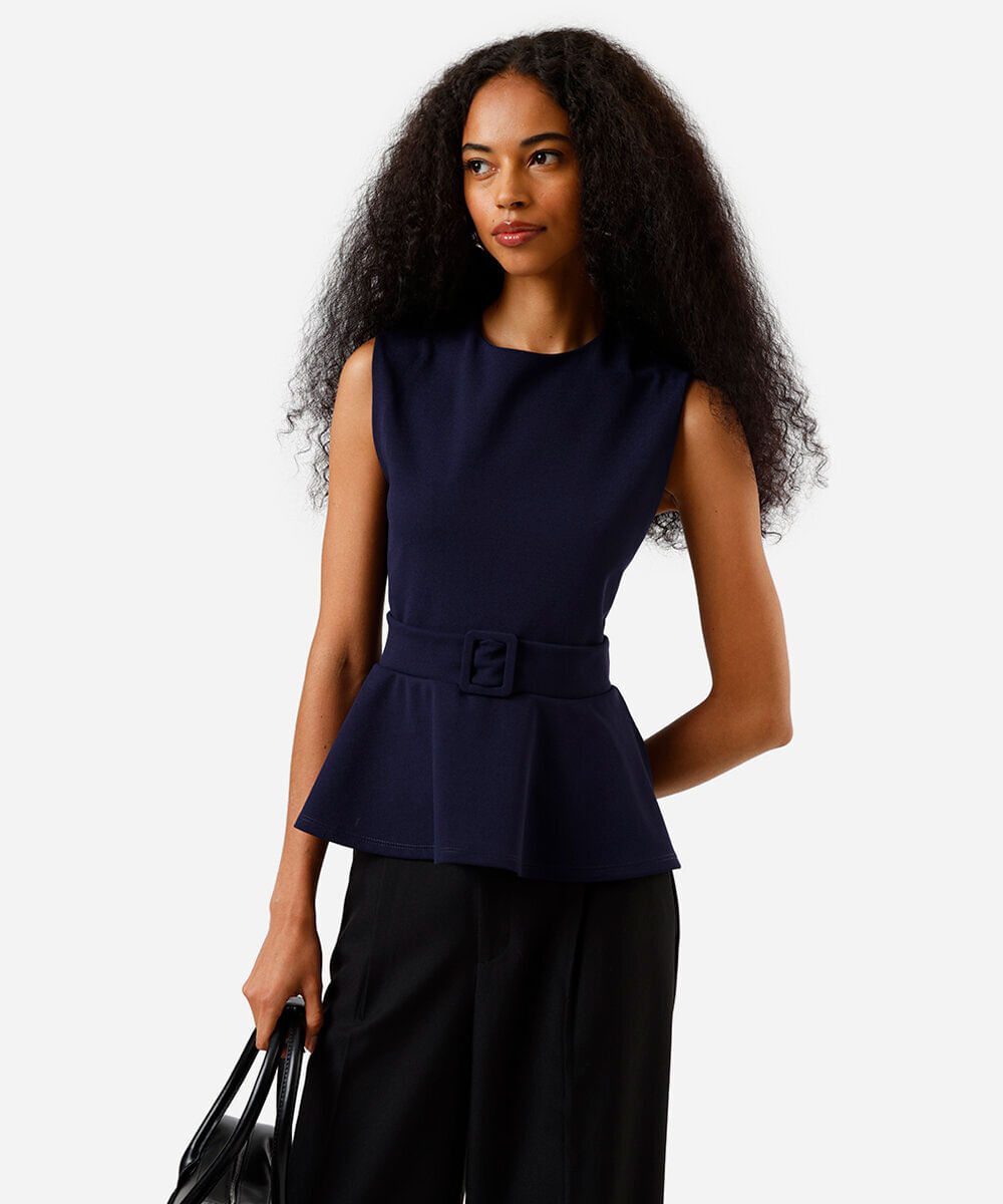 blusa feminina em peplum com cinto forrado azul