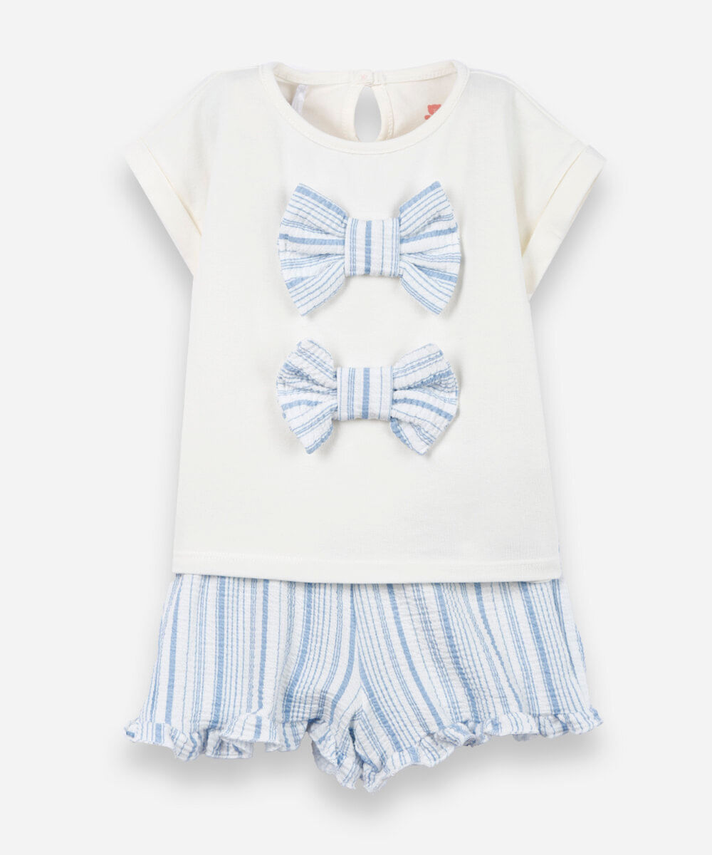 conjunto curto infantil com lacinho listrado off white