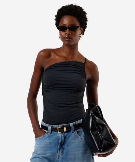 blusa ombro único feminina franzida assimétrica preta PP
