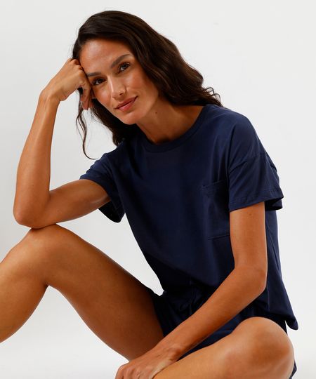 Pijama feminino short doll manga curta em algodão com bolso azul M