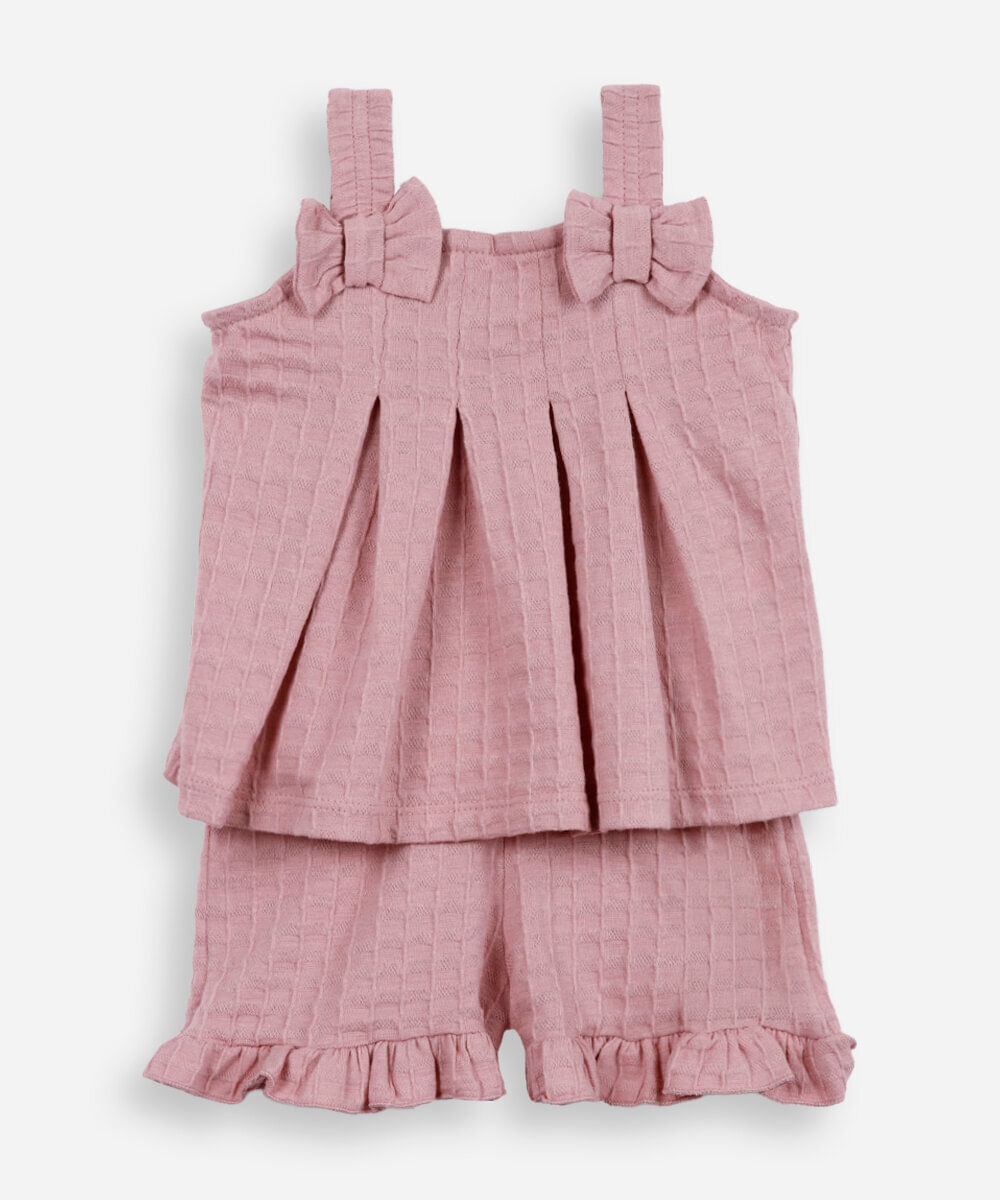conjunto curto infantil de algodão com laço texturizado rosa