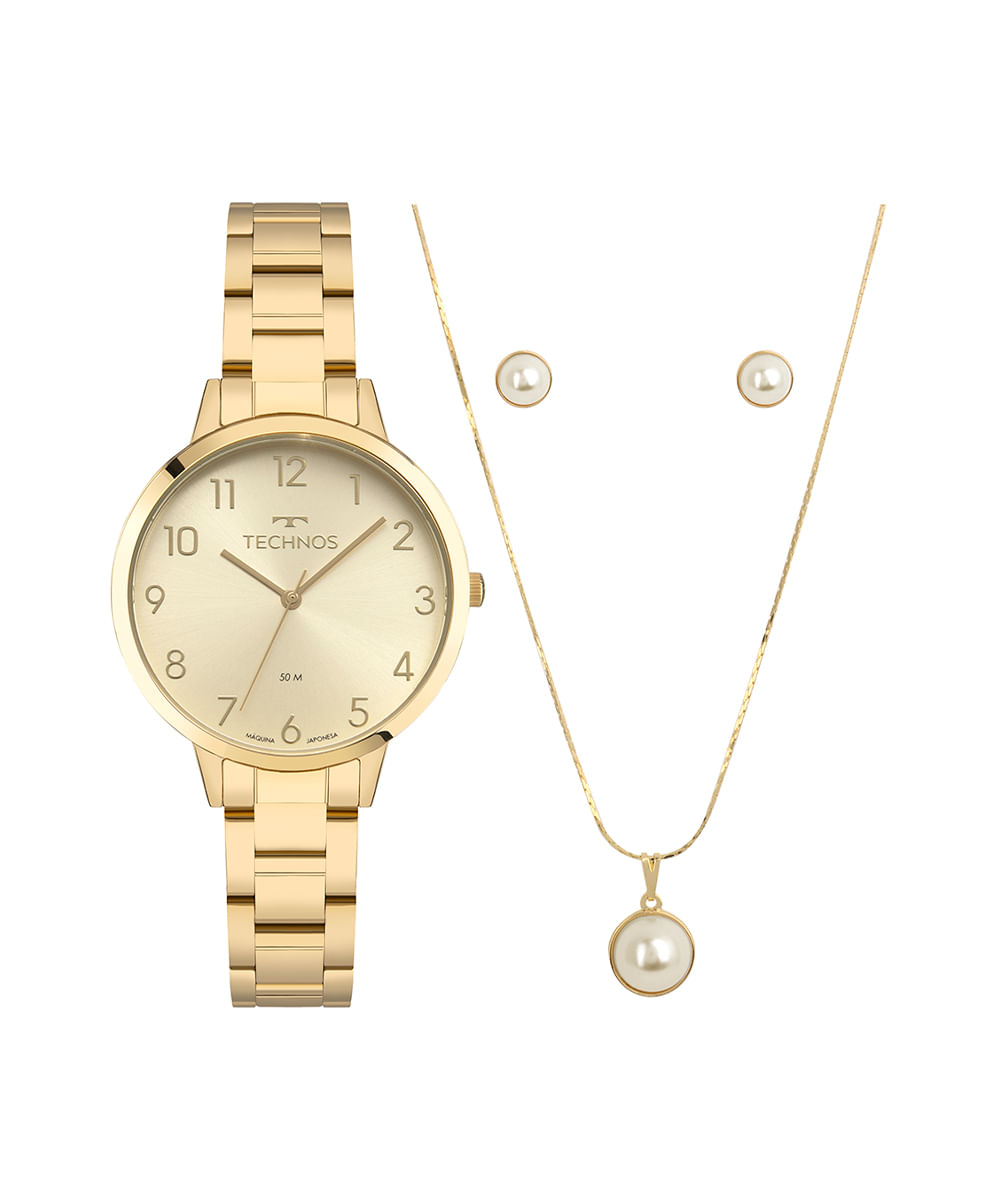 kit relógio feminino technos analógico 2035ndm k1x dourado