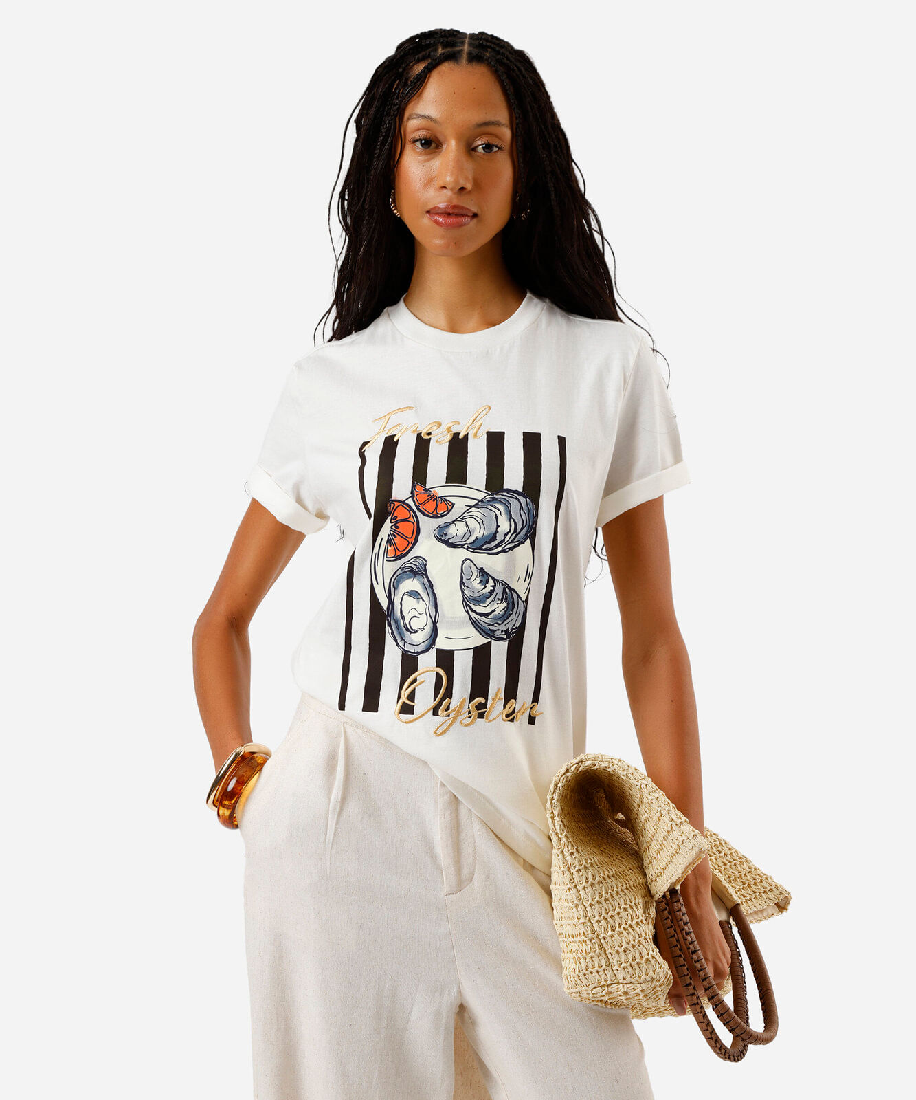 camiseta feminina de algodão bordada ostras off white