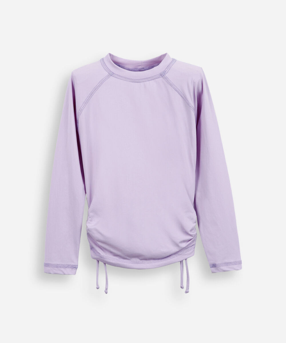 camiseta infantil praia uv a com franzido lateral lilás