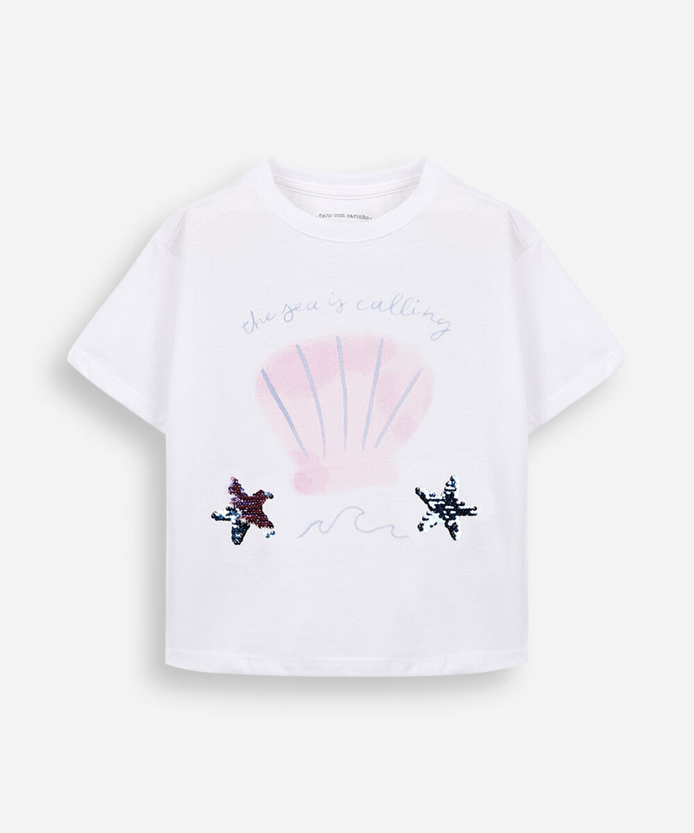 camiseta infantil de algodão com paetê estampada off white