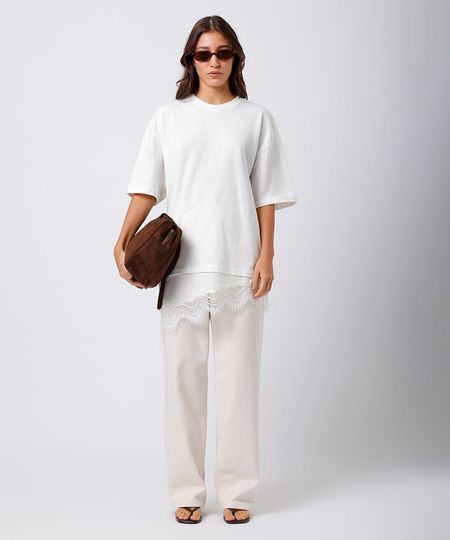 camiseta alongada feminina de algodão com renda mindset off white GG camiseta alongada feminina de algodão com renda mindset off white GG