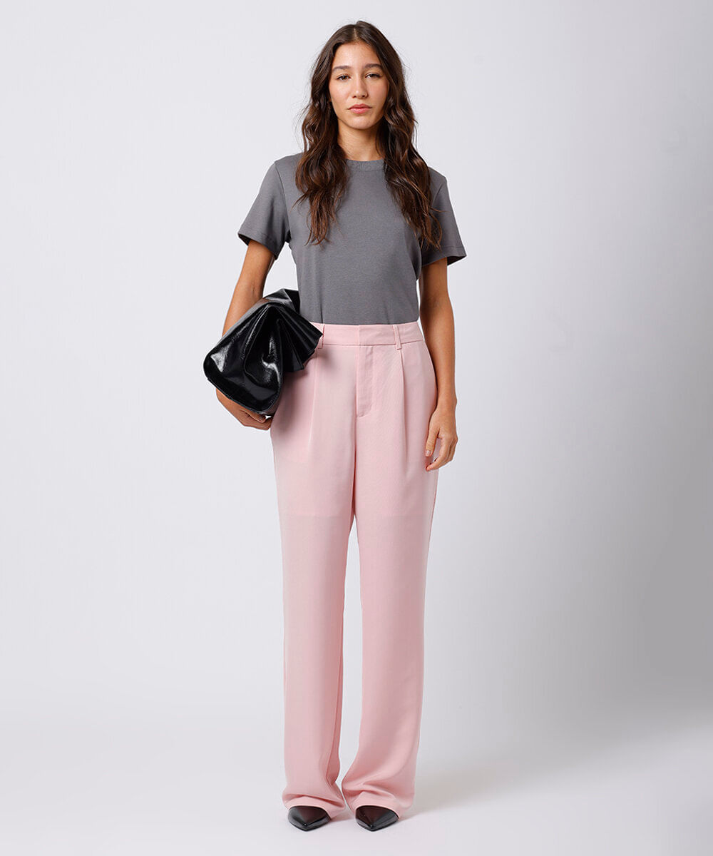 calça de alfaiataria feminina com pregas mindset rosa