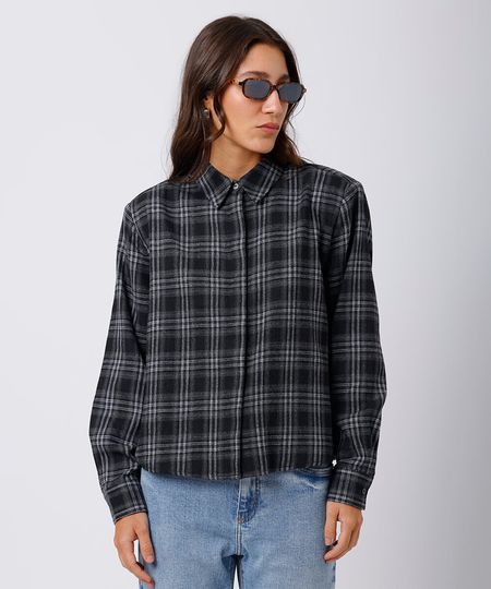 camisa feminina com ombreiras xadrez mindset preta GG