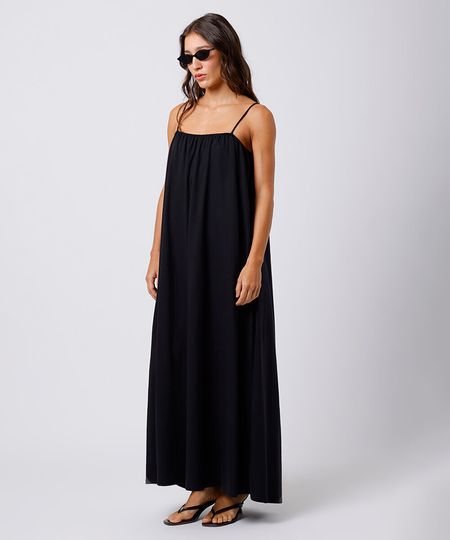 vestido longo alça fina feminino de algodão franzido mindset preto PP vestido longo alça fina feminino de algodão franzido mindset preto PP