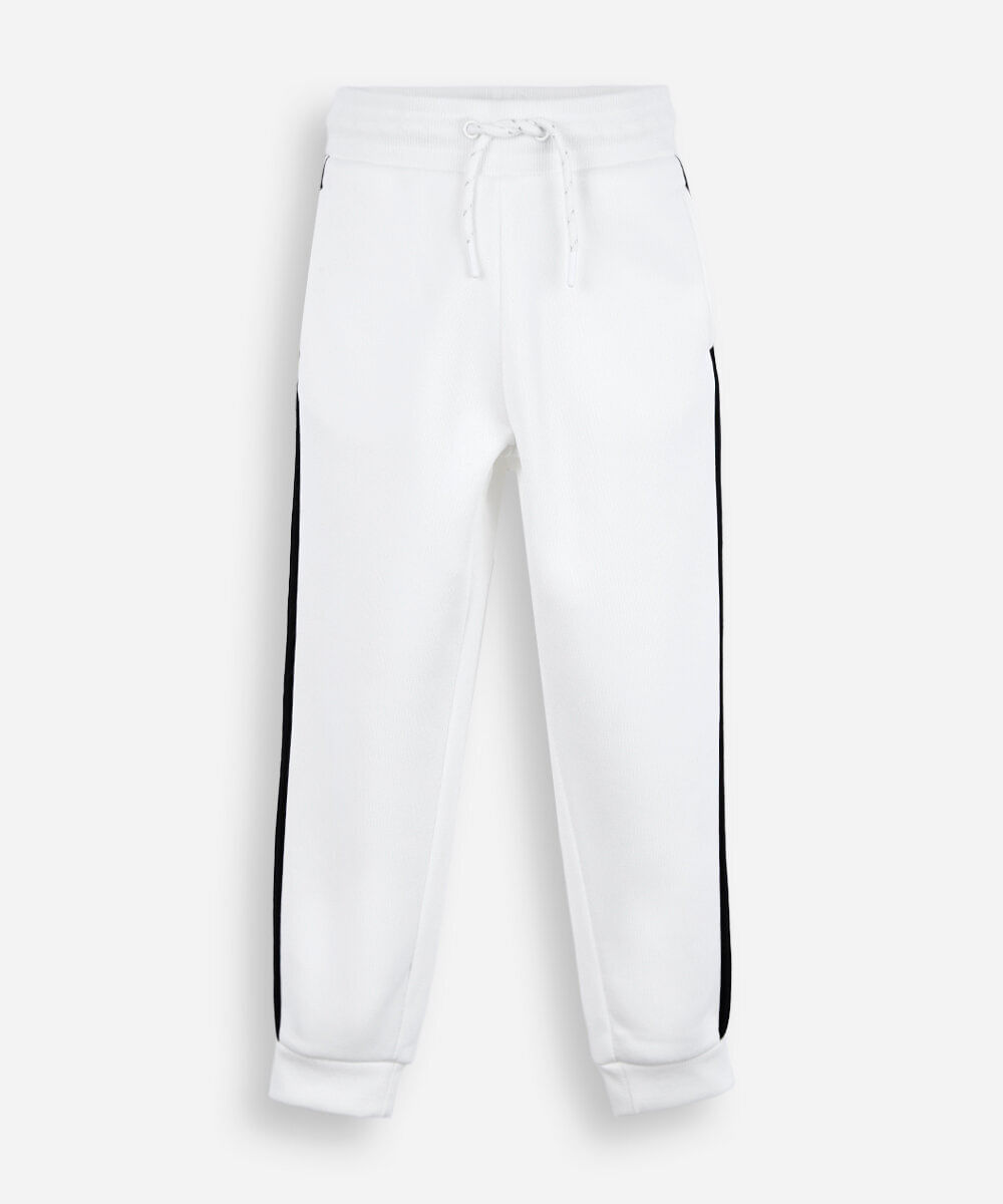 calça jogger infantil de moletom listra lateral off white