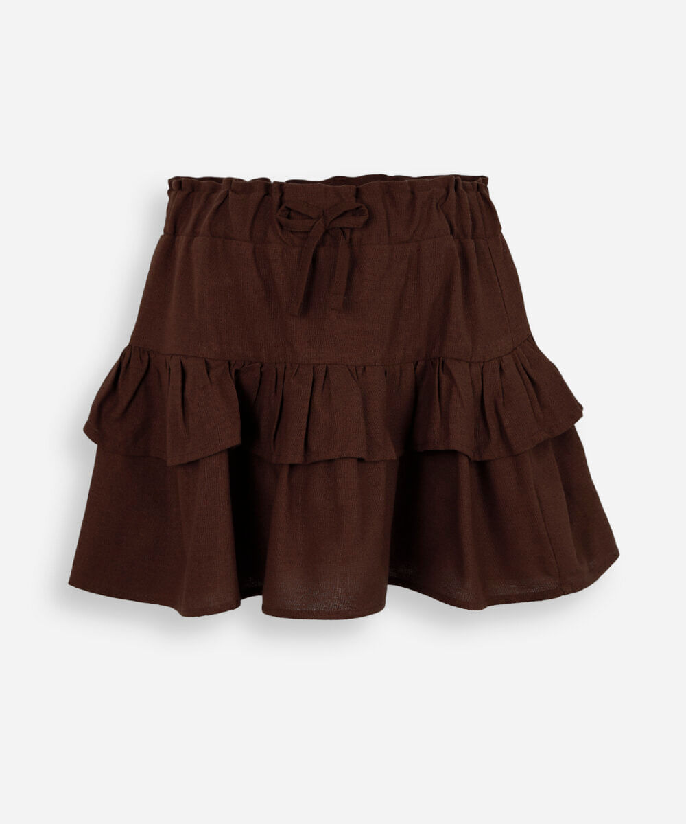 saia curta infantil com linho e babado marrom