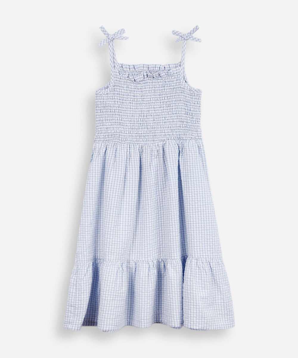 vestido infantil de algodão franzido xadrez azul