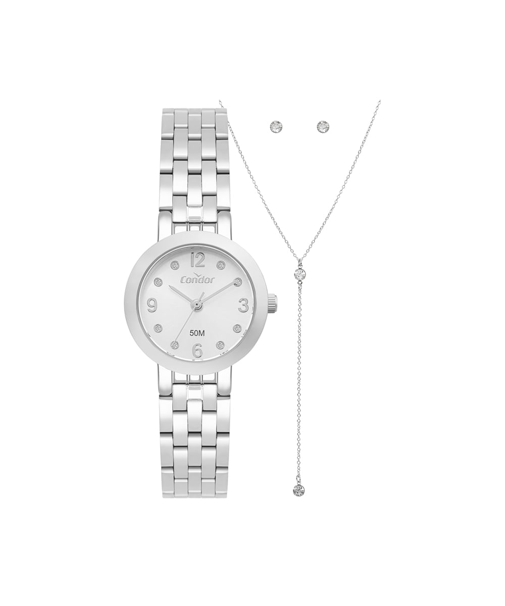 kit relógio feminino condor analógico co2035nwyk4k prateado