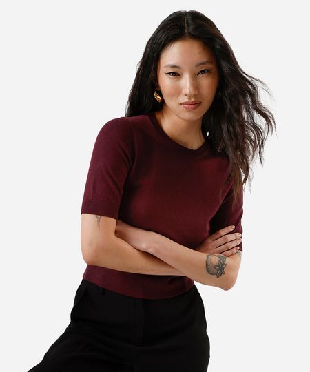 blusa cropped feminina de tricot manga curta vinho PP blusa cropped feminina de tricot manga curta vinho PP