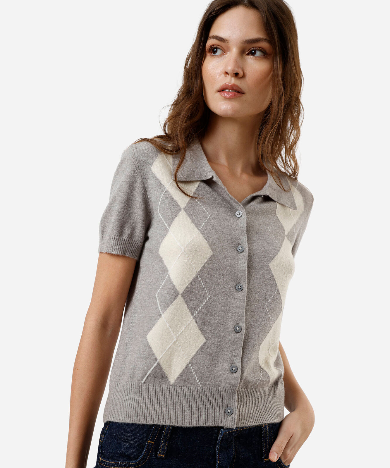 camisa feminina de tricot xadrez argyle cinza