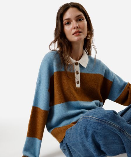 suéter feminino de tricot com gola manga longa listrado marrom G suéter feminino de tricot com gola manga longa listrado marrom G