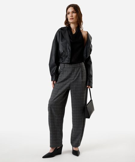 calça barrel feminina de alfaiataria xadrez cinza 36 calça barrel feminina de alfaiataria xadrez cinza 36