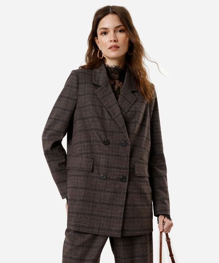 blazer de alfaiataria feminino xadrez oversized marrom P blazer de alfaiataria feminino xadrez oversized marrom P