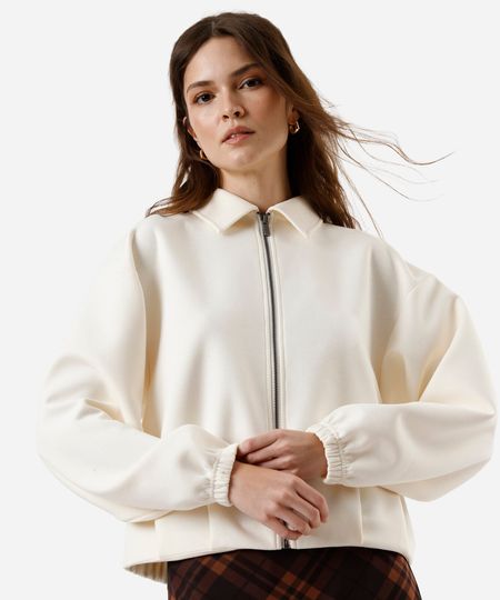 jaqueta bomber feminina com pregas off white PP jaqueta bomber feminina com pregas off white PP