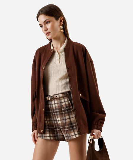 short feminino com cinto texturizado xadrez marrom 36