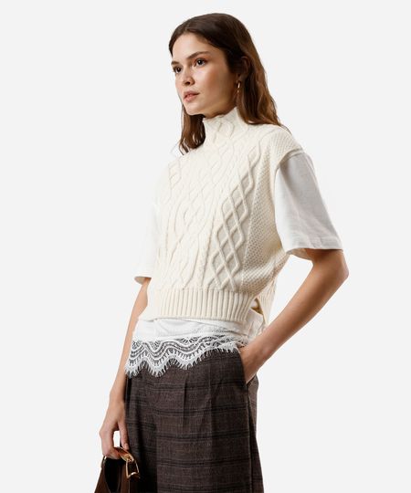 colete feminino de tricot gola alta texturizado off white PP colete feminino de tricot gola alta texturizado off white PP