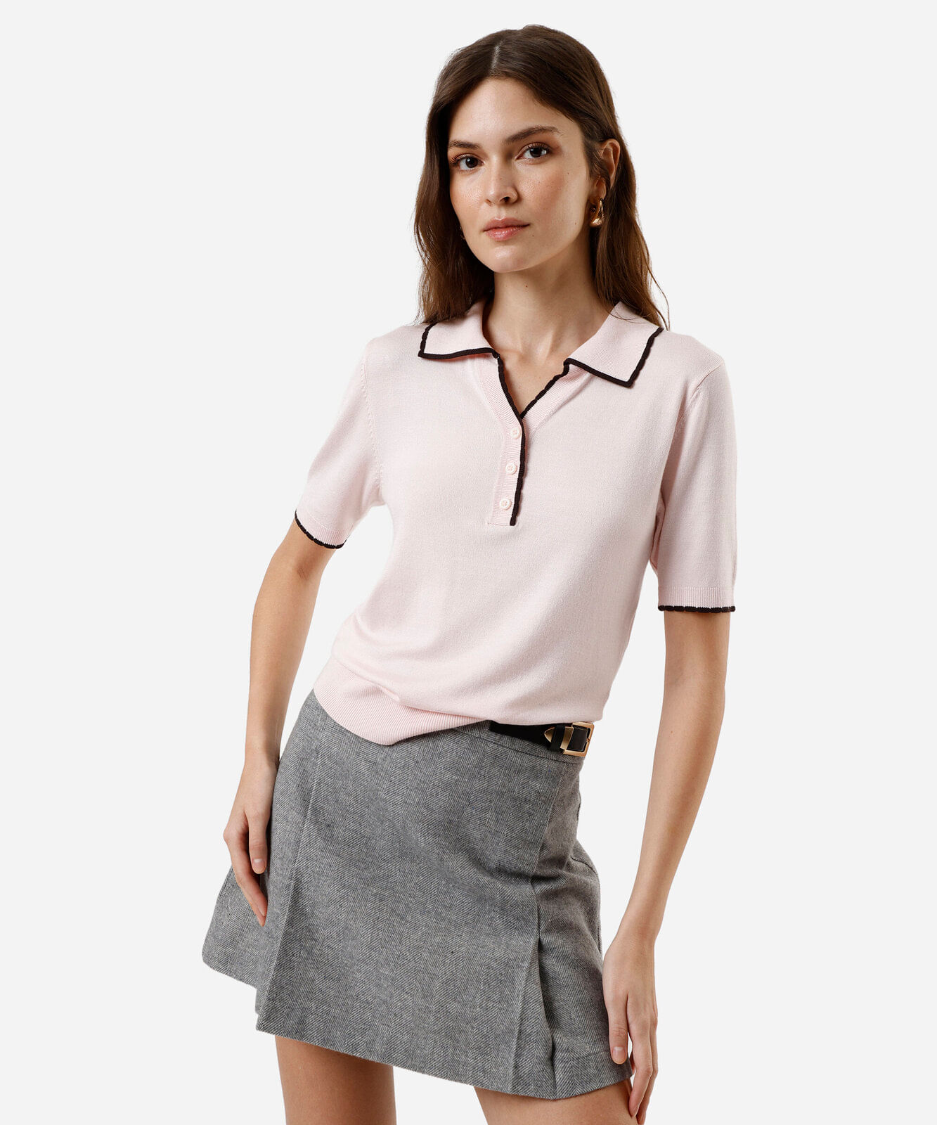 polo feminina de tricot manga curta rosa