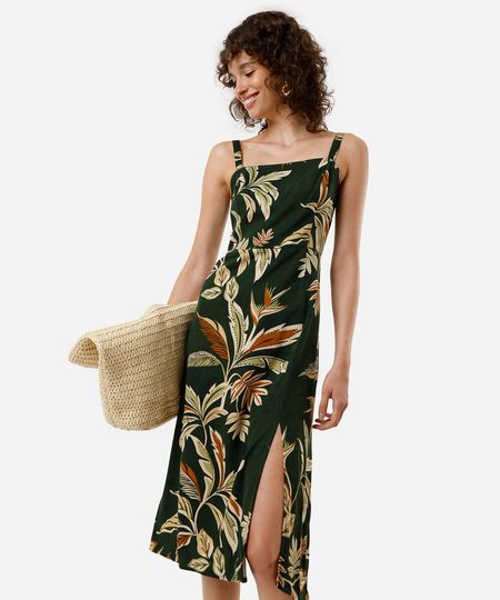 vestido midi feminino de viscose com fenda folhagens verde PP vestido midi feminino de viscose com fenda folhagens verde PP