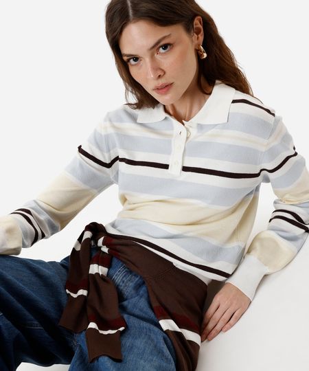 polo básica feminina de tricot manga longa listrada off white PP