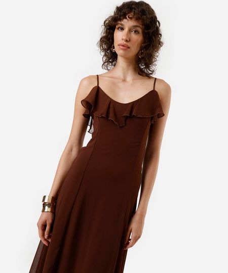 vestido midi alça fina feminino com babado marrom PP