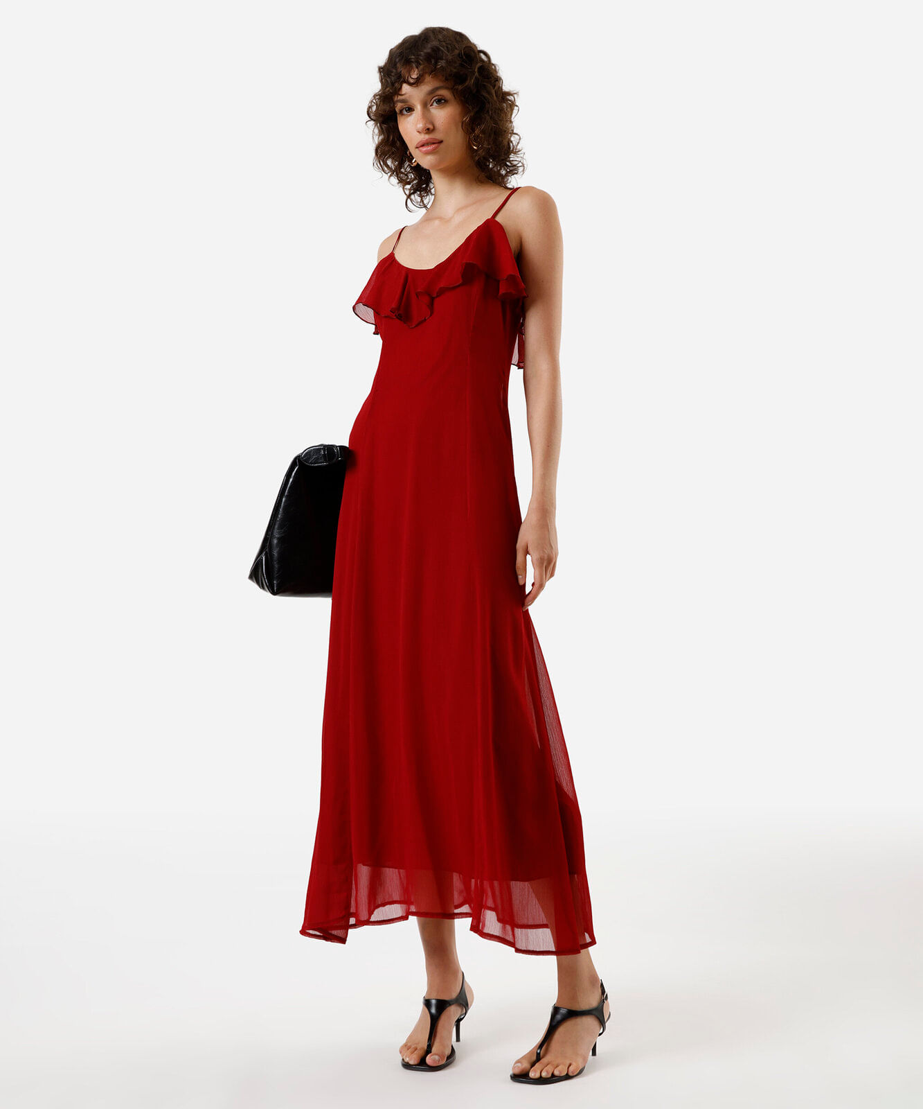 vestido midi alça fina feminino com babado vinho