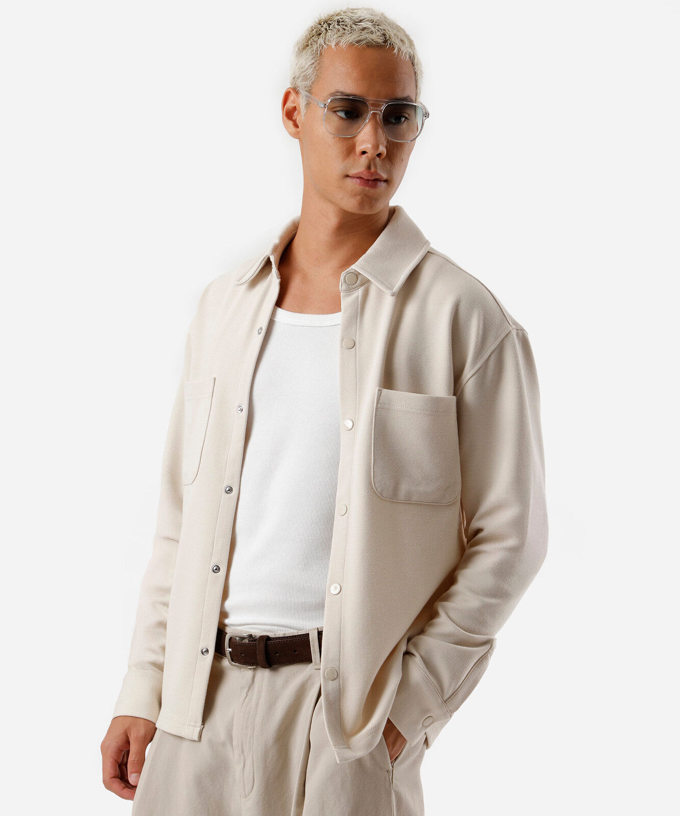 camisa masculina texturizada manga longa bege