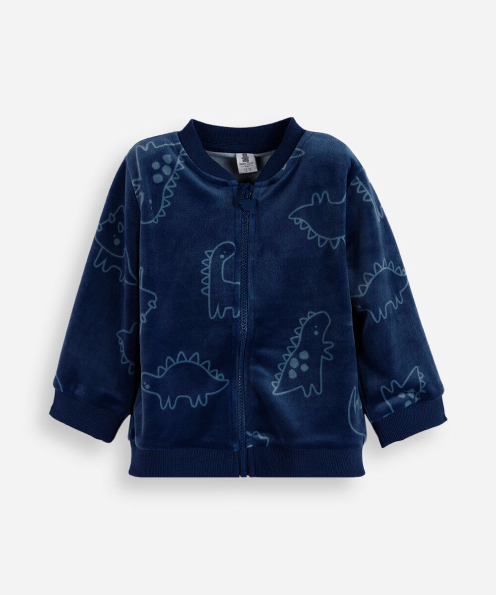 casaco infantil de plush dino com zíper azul