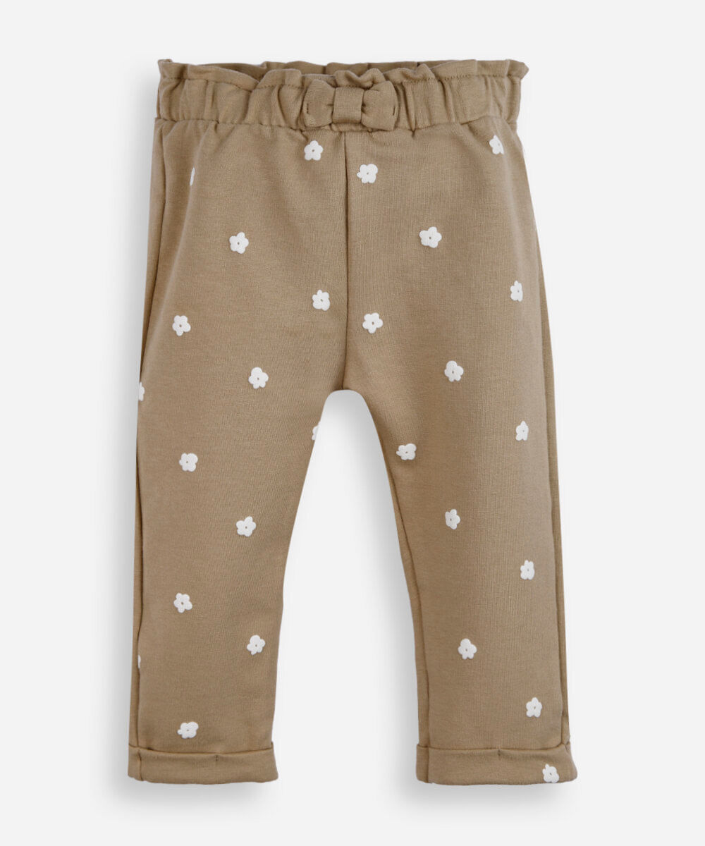 calça clochard infantil de algodão floral bege