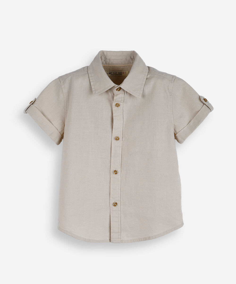 camisa de algodão infantil com mangas curtas e botões bege