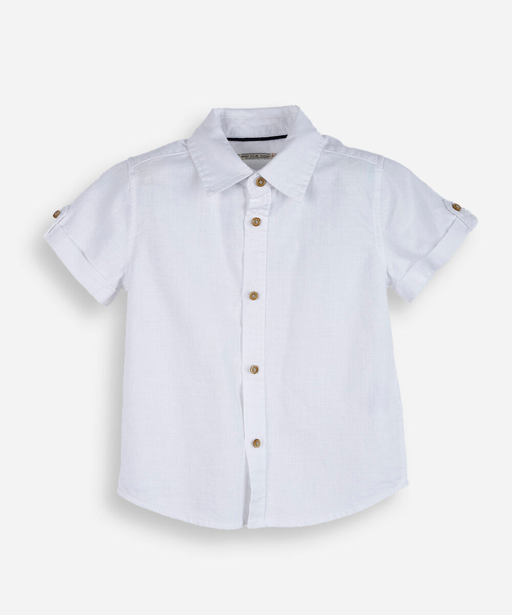 camisa de algodão infantil com mangas curtas e botões branca