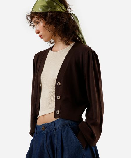 cardigan cropped feminino de tricot marrom P cardigan cropped feminino de tricot marrom P