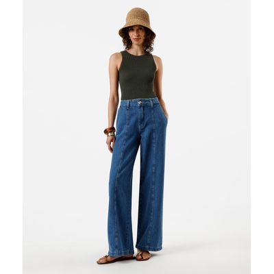 calça wide leg feminina jeans com recortes azul