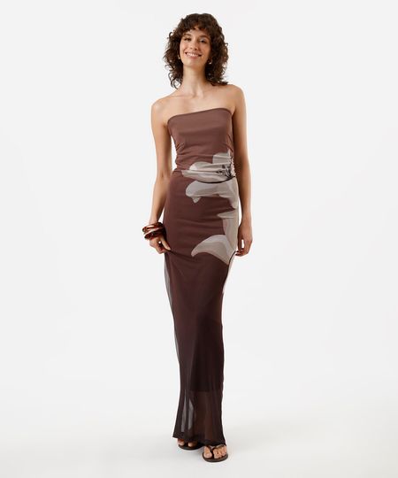 vestido longo sem alça feminino de tule com franzido floral marrom PP