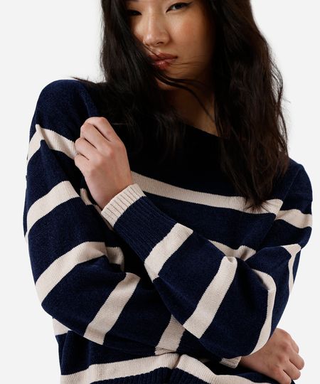 suéter feminino de tricot listrado azul PP suéter feminino de tricot listrado azul PP