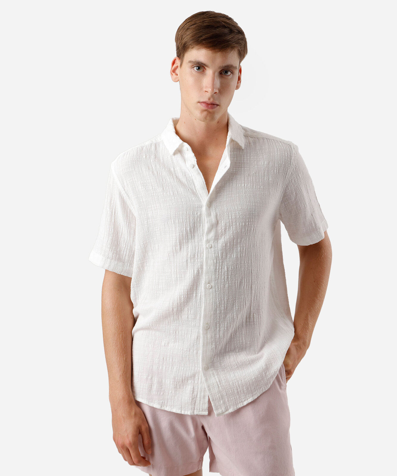 camisa texturizada manga curta algodão branca