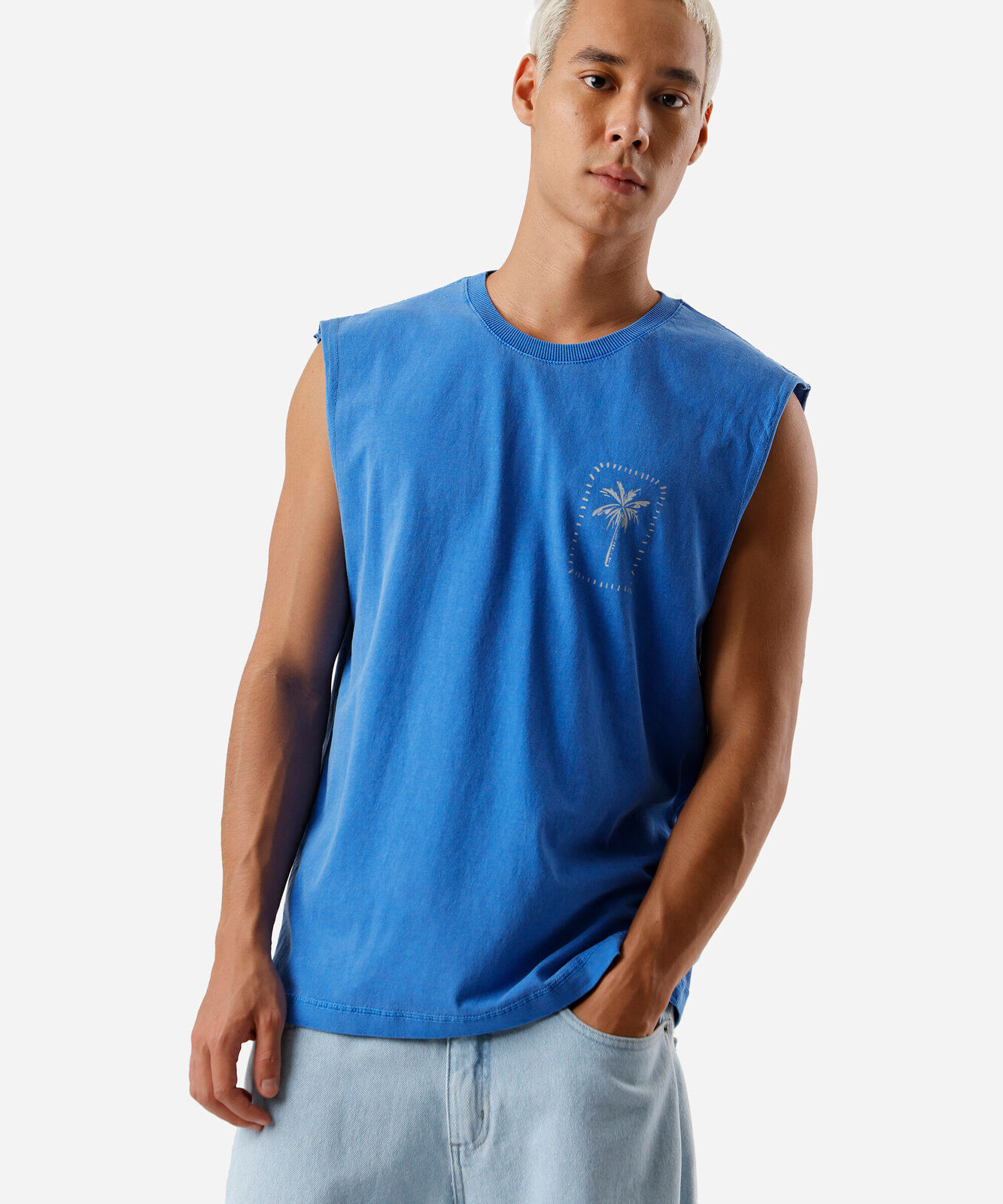 regata machão masculina de algodão estampada estonada azul