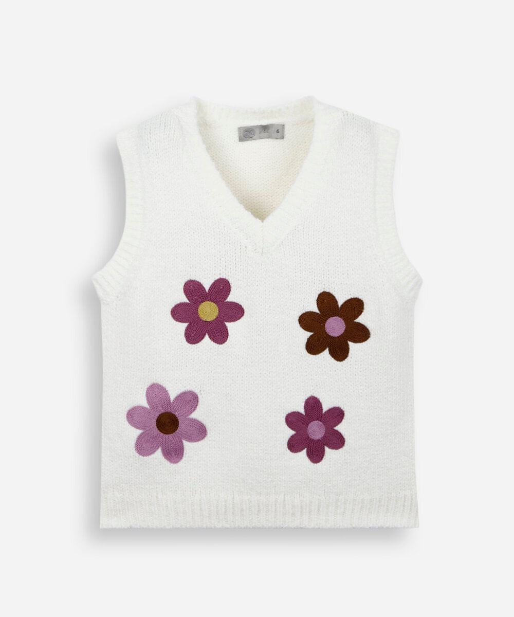 colete infantil de tricô com bordado floral off white