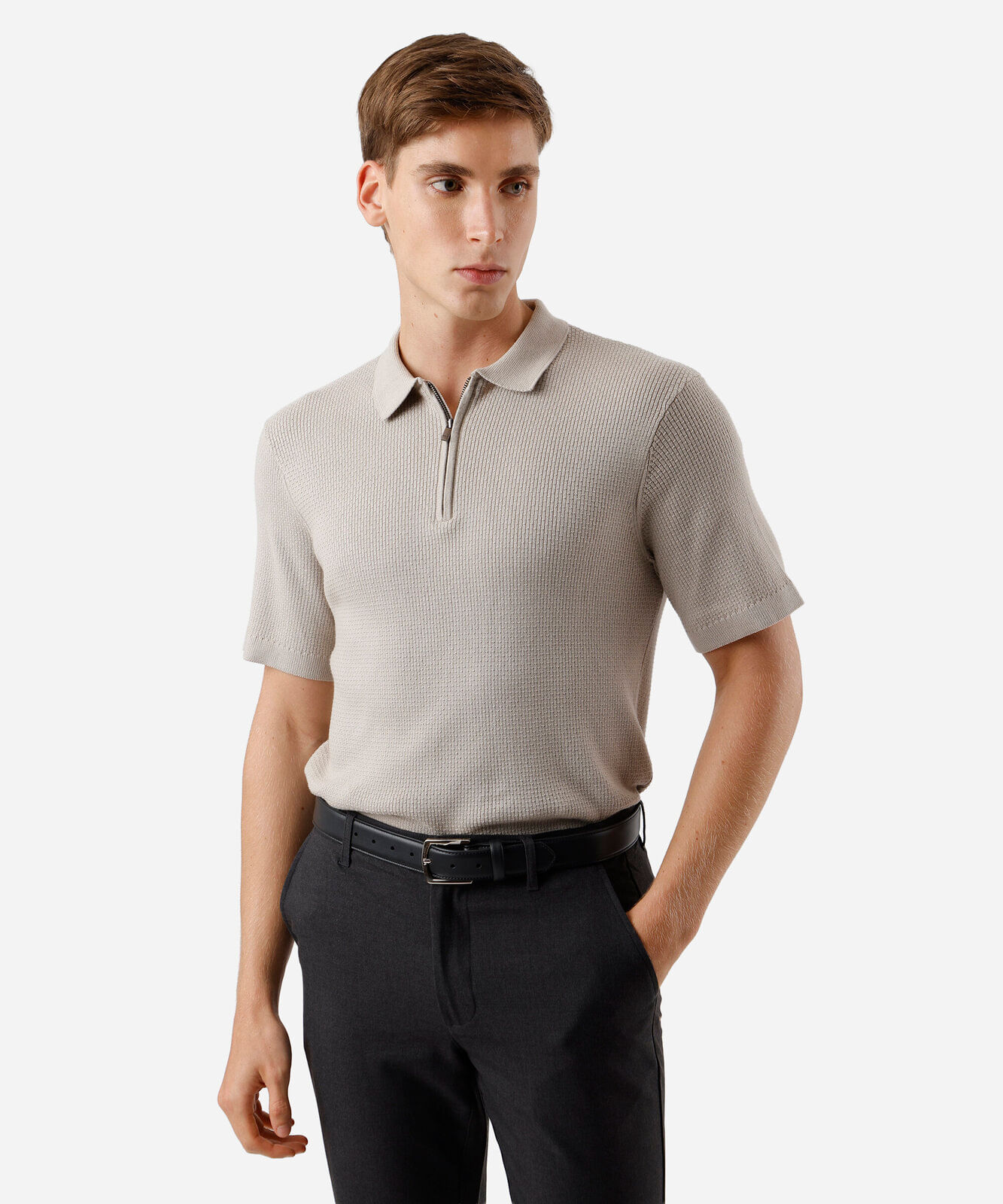 camisa polo manga curta ziper algodao cinza