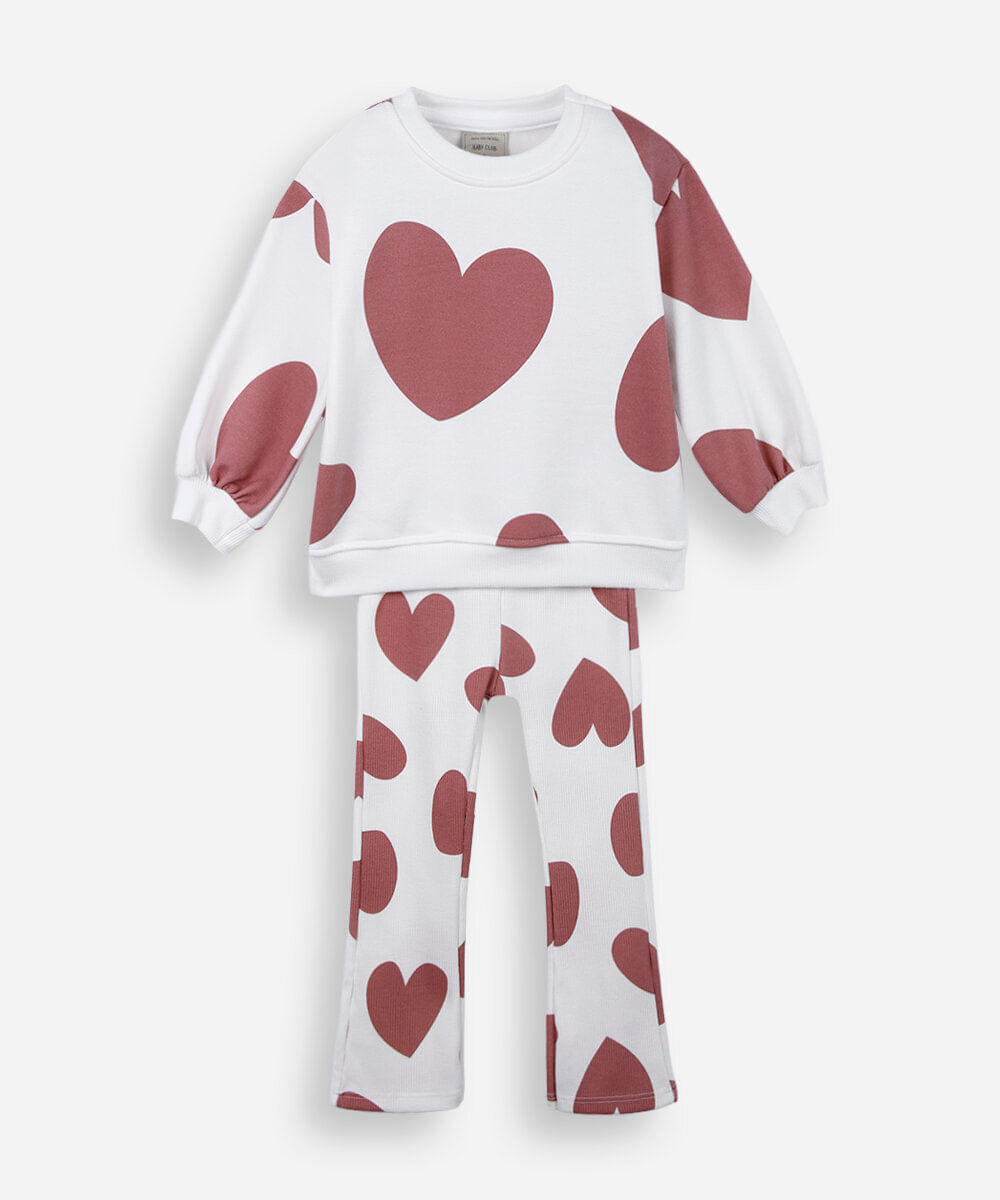 conjunto longo infantil com algodão corações off white